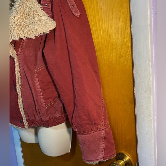 FINAL PRICE, EUC Free People sherpa lined OWEN red canvas moto jacket/coat XS - Picture 7 of 8